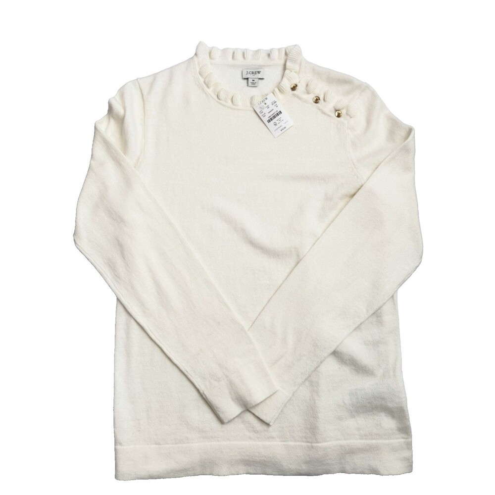 J.Crew Ruffle Neck Button Shoulder Sweater Womens Medium Ivory Knit Top NWT